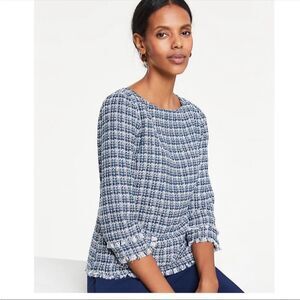 Ann Taylor Tweed Fringe Trim Boatneck Top Shirt Blue White 8 Preppy Nautical